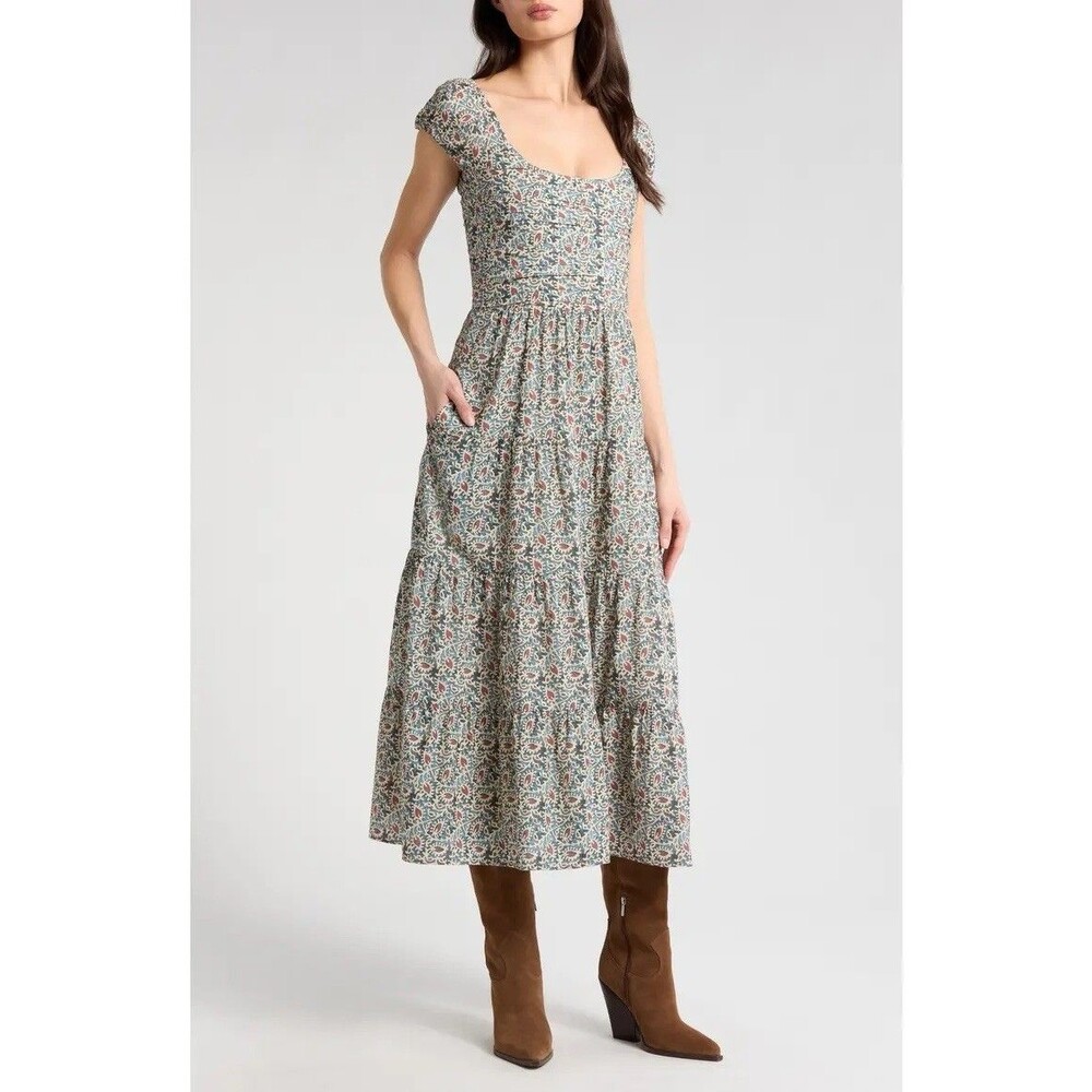 Paige Marchella Midi Dress Botanical Blue Multi Smocked Tiered A-Line Sz 6 NWT
